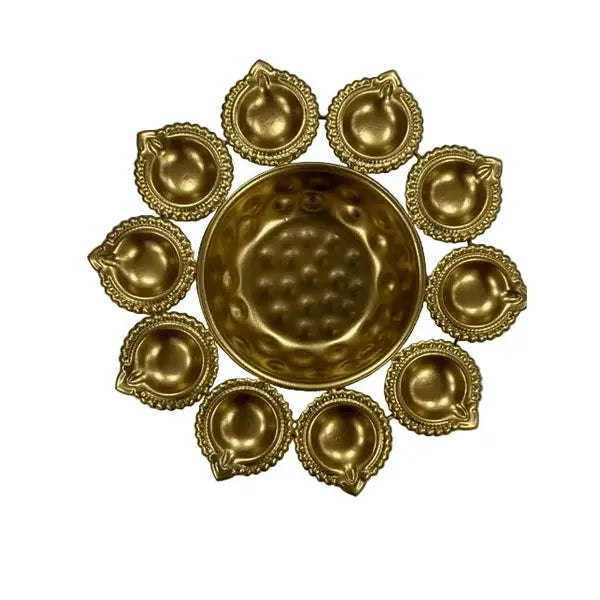 Decorative gold diya stand with nine diyas, 9 inch, on white background