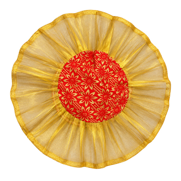 Red and gold decorative thali cover or dry fruit potli on white background