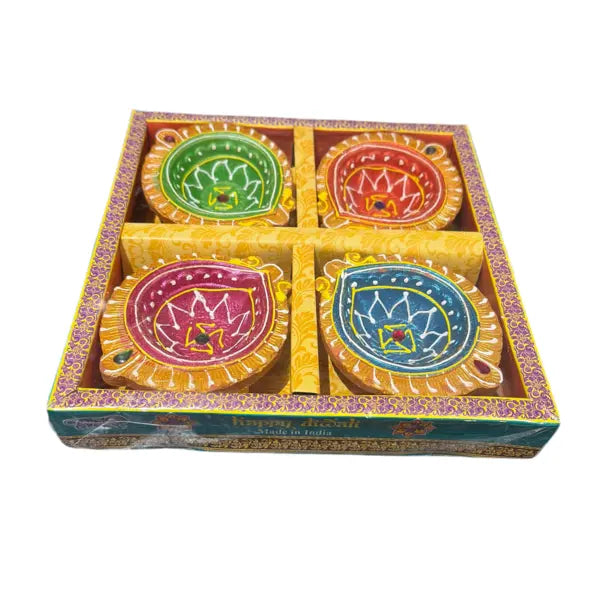 Designer unwaxed coloured diya design 3 pack of four on white