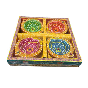 Designer unwaxed coloured diya design 3 pack of four on white