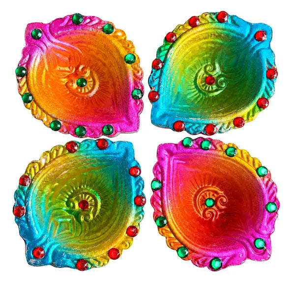 Designer Diya Unwaxed Coloured Design 4 Pack of 4