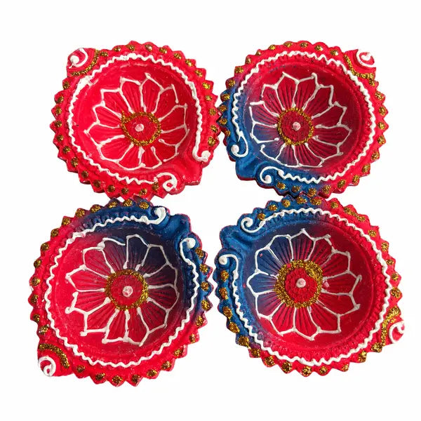 Pooja designer unwaxed coloured diya design 6 pack of four