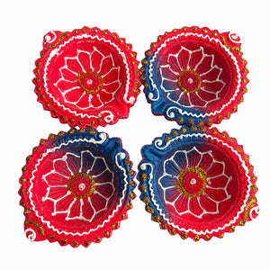 Pooja designer unwaxed coloured diya design 6 pack of four