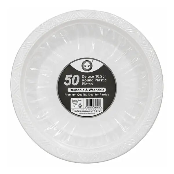 Dina DID Deluxe round white plastic plates, 10.25 inch, pack of 50