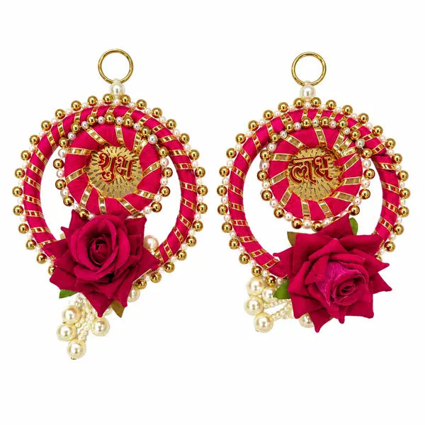 Diwali Shubh Labh rose hanging pair, 7 inch, with pink and gold rings and pearl-style bead tassels