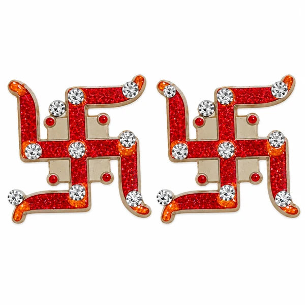 Two red and silver-tone Hindu Swastik wall stickers for Diwali and pooja, 1.5 inches each, on a white background