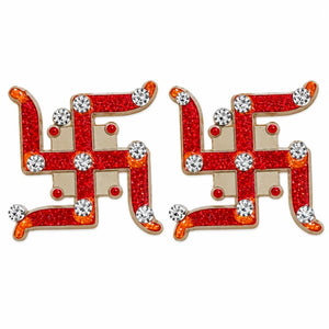Two red and silver-tone Hindu Swastik wall stickers for Diwali and pooja, 1.5 inches each, on a white background