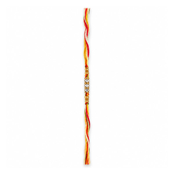 Festive Multicolour Crystal Rakhi straightened on white background