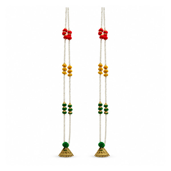 Festive Pearl Pom Pom Latkan, two 38-inch strings on white background