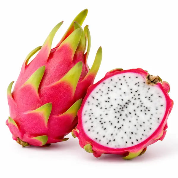 Fresh dragon fruit with white flesh on a clean white background