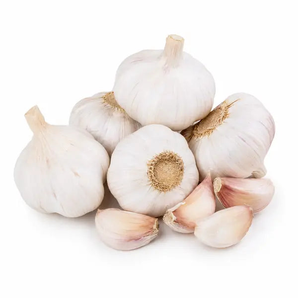 Fresh loose garlic bulbs and cloves on a clean white background