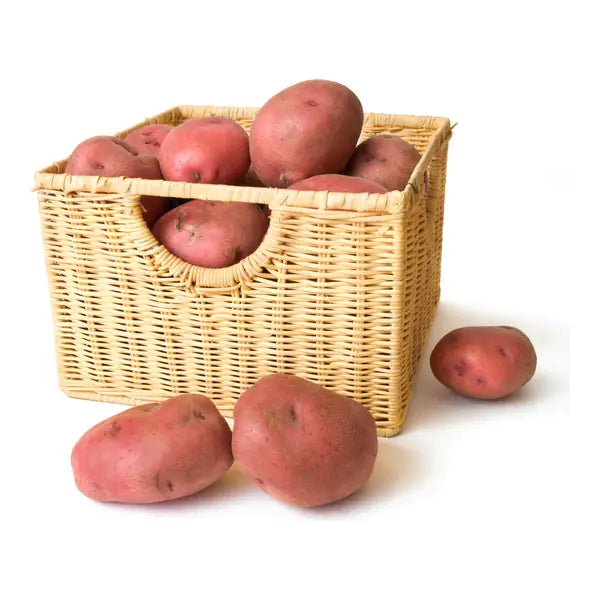 Fresh red potatoes with smooth red skin, available in multiple weights