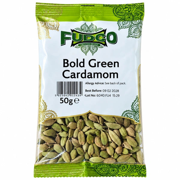 Fudco Bold Green Cardamom (Elaichi) - 50g packet on a white background