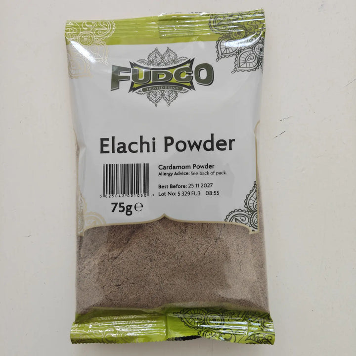 Fudco Cardamom Powder Elaichi 75g clear pack shown front-facing