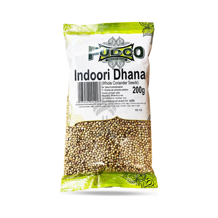 Fudco Coriander Seeds Indori Dhana 200g pack shown front-facing on white background