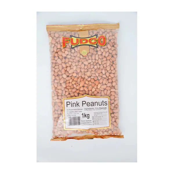 Fudco pink peanuts in clear retail pouch, 1kg