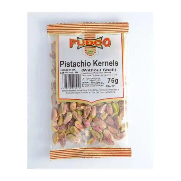 Fudco pistachio kernels in clear retail pouch, 75g