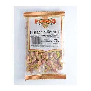 Fudco pistachio kernels in clear retail pouch, 75g