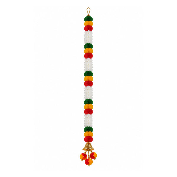 Single festive garland with colourful pom-poms and gold bell on white background