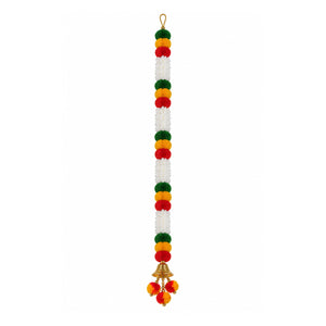 Single festive garland with colourful pom-poms and gold bell on white background
