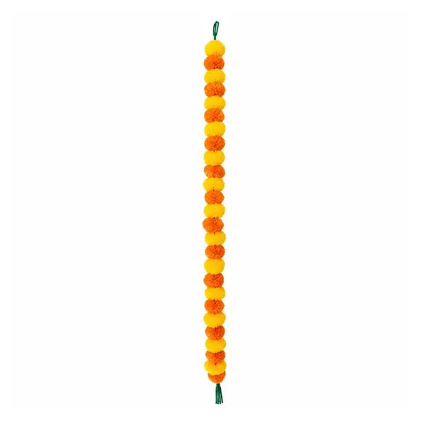 Yellow and orange flower garland, one 54 inch string, on white background