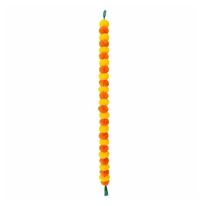 Yellow and orange flower garland, one 54 inch string, on white background