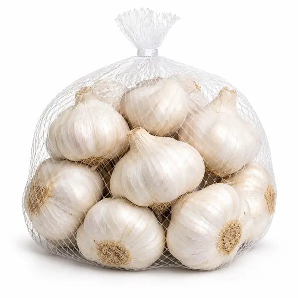 Large pre-pack of fresh garlic bulbs on a white background