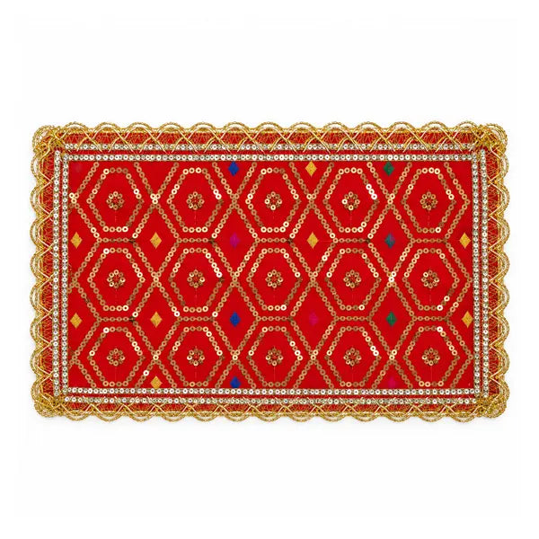 Gold embroidered red Mata ki chunni, 13 x 7 inch, on white background