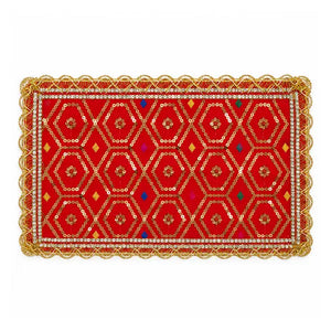 Gold embroidered red Mata ki chunni, 13 x 7 inch, on white background