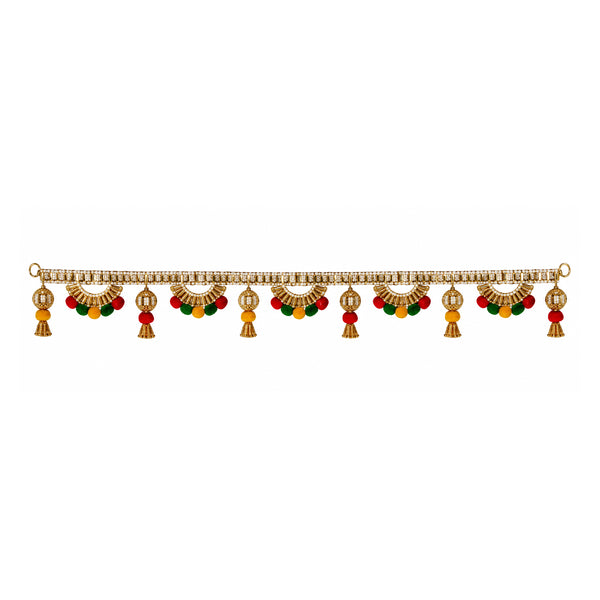 Golden Beaded Toran with colourful pom-poms on white background