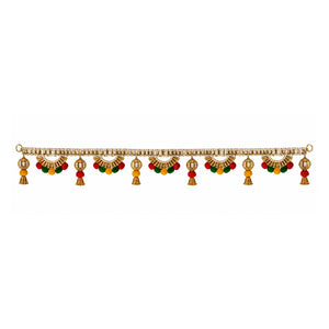 Golden Beaded Toran with colourful pom-poms on white background