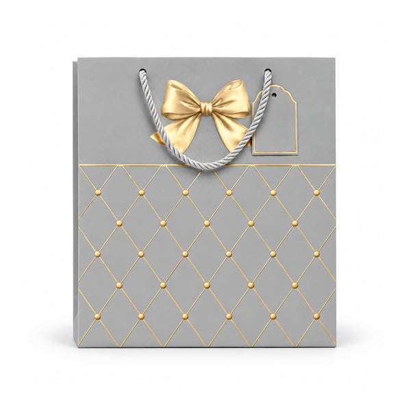 Grey and gold diamond pattern gift bag with bow on white background