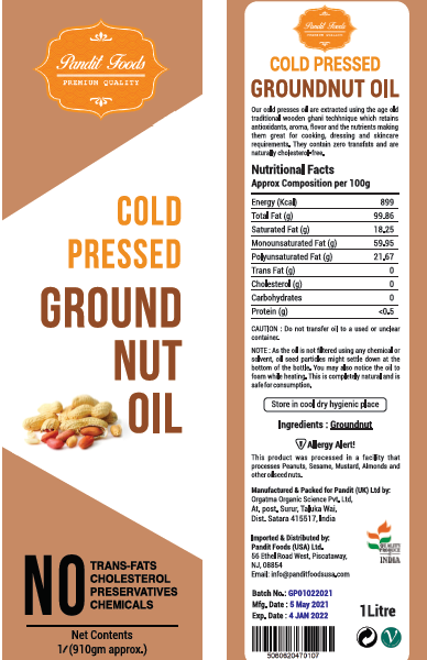 Pandit cold pressed groundnut oil 1 litre bottle