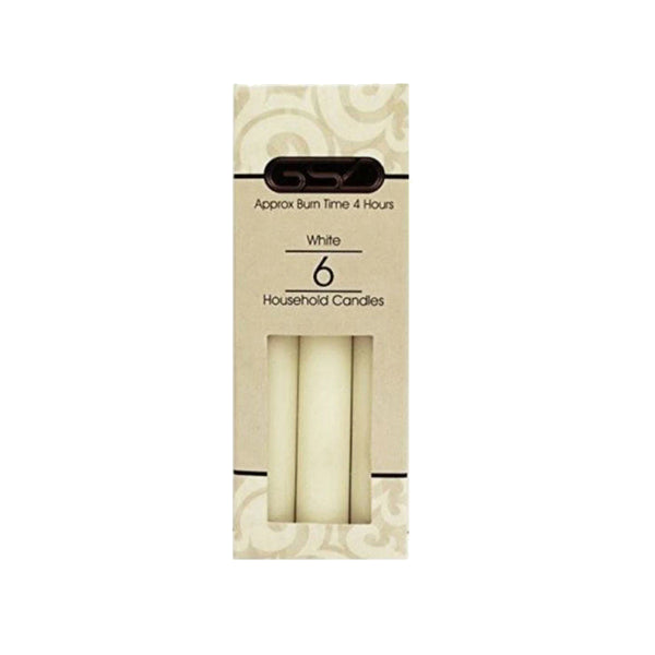 GSD white household candles, pack of 6, centred on pure white background