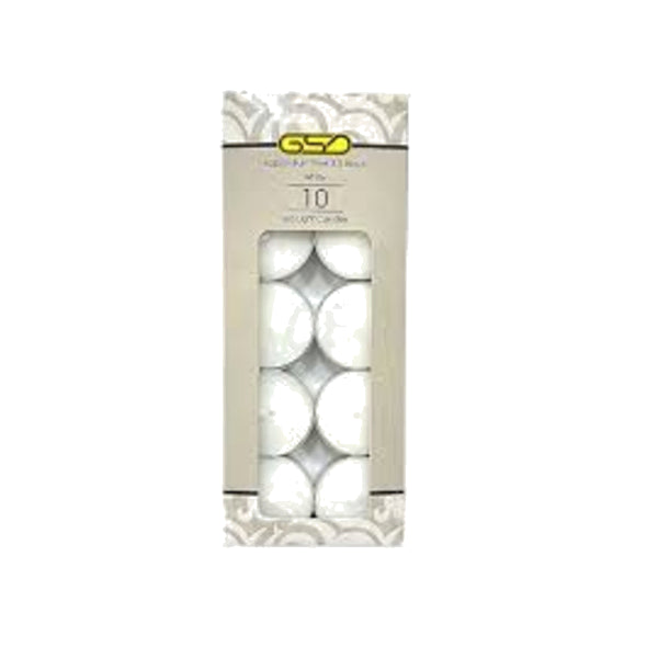GSD white tealight candles, pack of 10, centred on pure white background