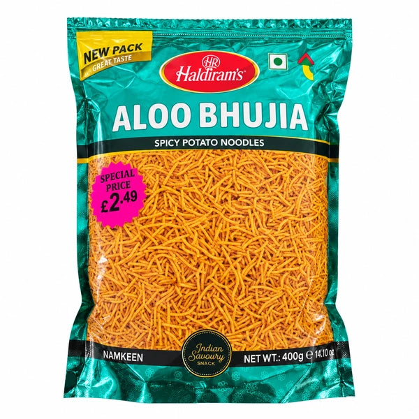 Haldiram Aloo Bhujia 400g spicy potato noodles, turquoise pouch price marked £2.49