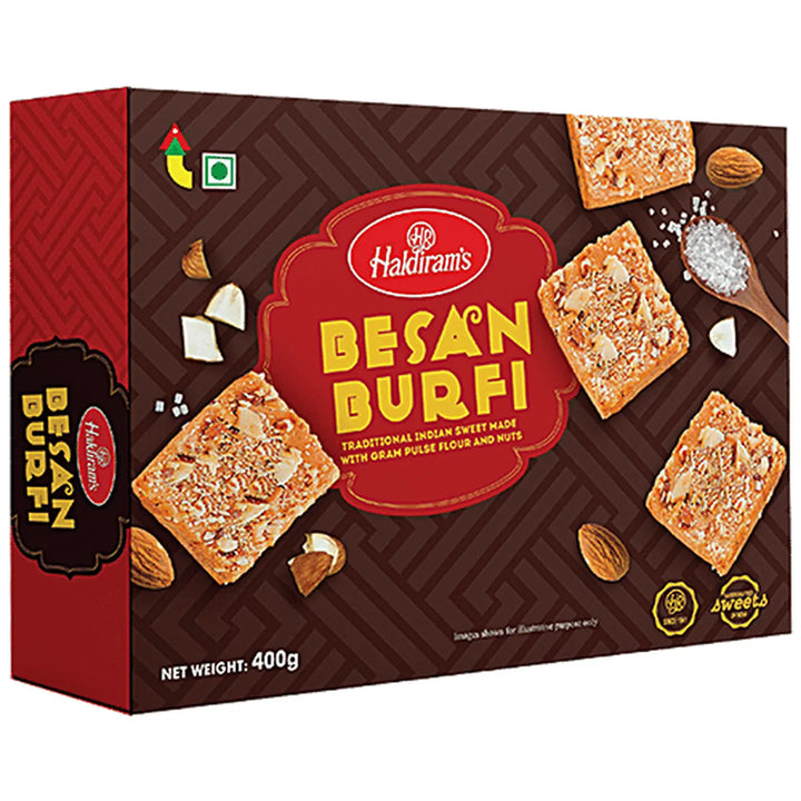 Haldiram Besan Barfi 400g retail pack on a white background