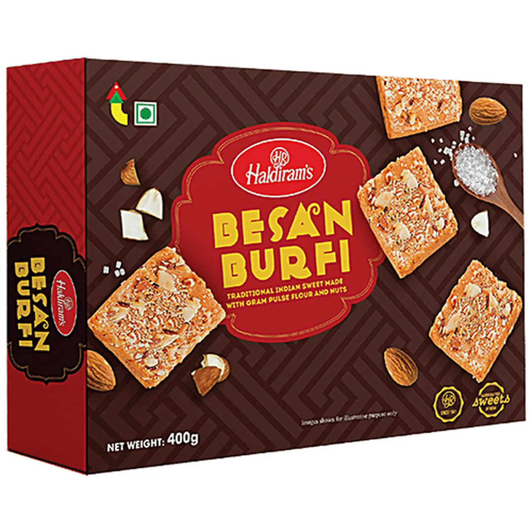 Haldiram Besan Barfi 400g retail pack on a white background