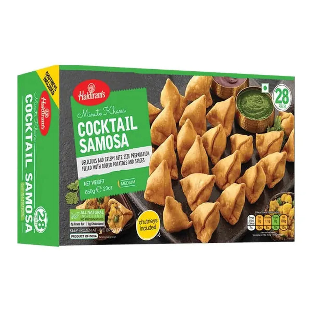 Haldiram Cocktail Samosa Frozen (28 pcs) - 650g retail pack on a white background