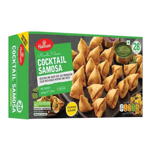 Haldiram Cocktail Samosa Frozen (28 pcs) - 650g retail pack on a white background