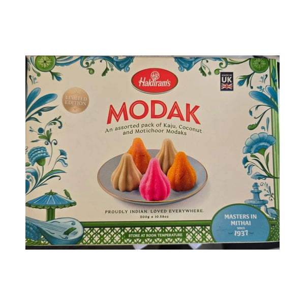 Haldiram's assorted Modak box, 300g, centred on pure white background