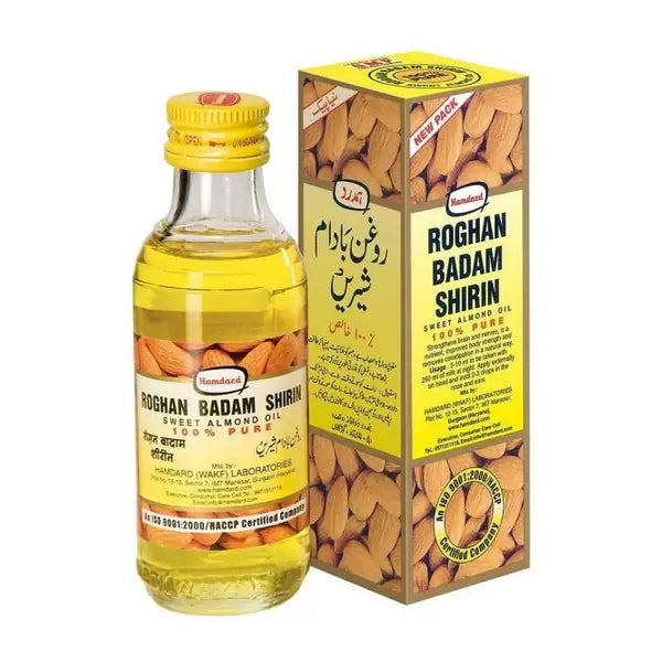 Hamdard Roghan Badam Shirin Sweet Almond Oil 100ml bottle and box