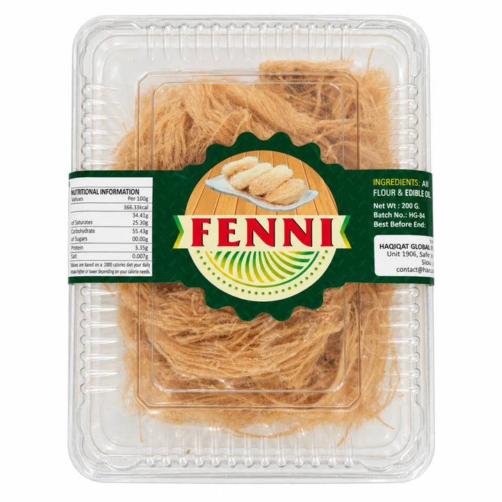 Haqiqat Feeni Brown 200g in a clear tray with green Fenni label