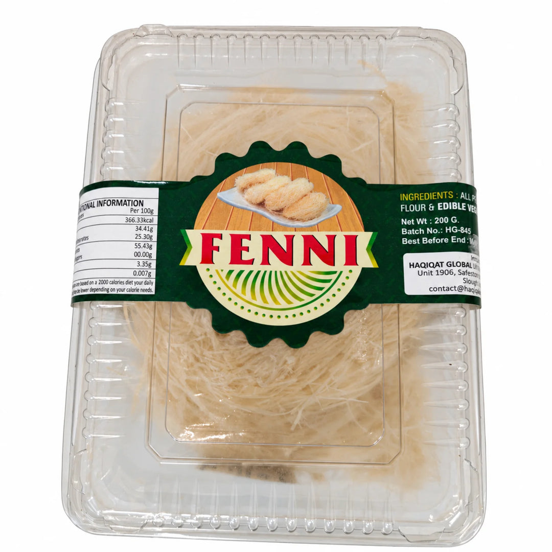 Haqiqat Feeni White 200g in a clear tray with green Fenni label