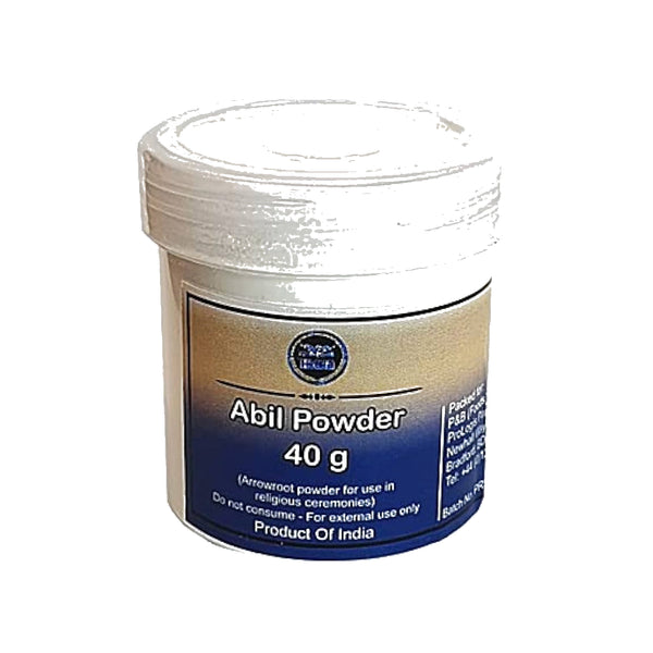 Heera Abil white puja powder, 40g jar, centred on pure white background