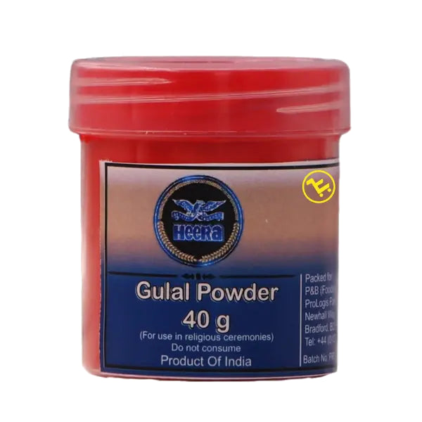 Heera Gulal red ritual powder, 40g jar, on pure white background