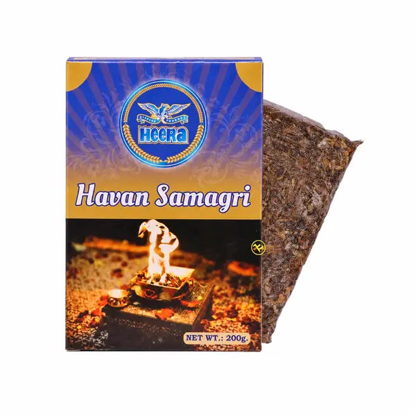 Heera Hawan Samagri 200g pack and contents centred on pure white background