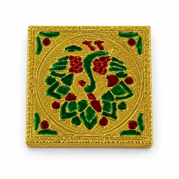 Gold Idol Stand 3 by 3 inch with green and red peacock motif on white background