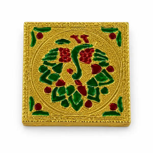 Gold Idol Stand 3 by 3 inch with green and red peacock motif on white background