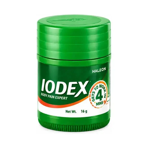 Iodex Body Pain Expert balm 16g jar on white background